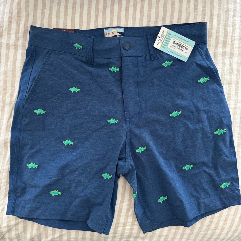 Nautical Men's Blue Flat Front Shorts with Green Accents